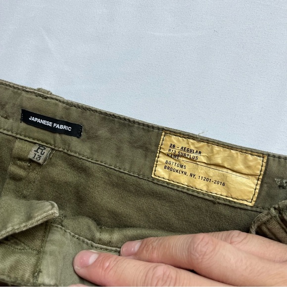 R13 olive army green utility Japanese denim distressed cropped straight leg pant - Picture 6 of 11